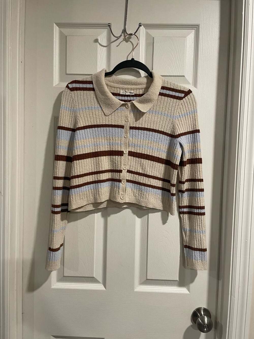 P.L.A. HEART Coquette Striped Collared Cardigan
